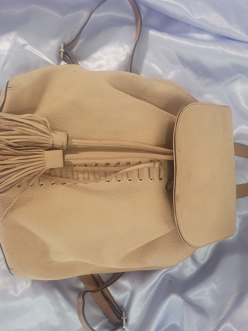 Rebecca Minkoff Tan Leather Drawstring Backpack with Tassel
